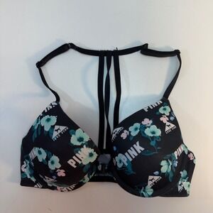 Pink Victoria's Secret Push-Up Bra Women 34B Black Floral Front Closure Strappy